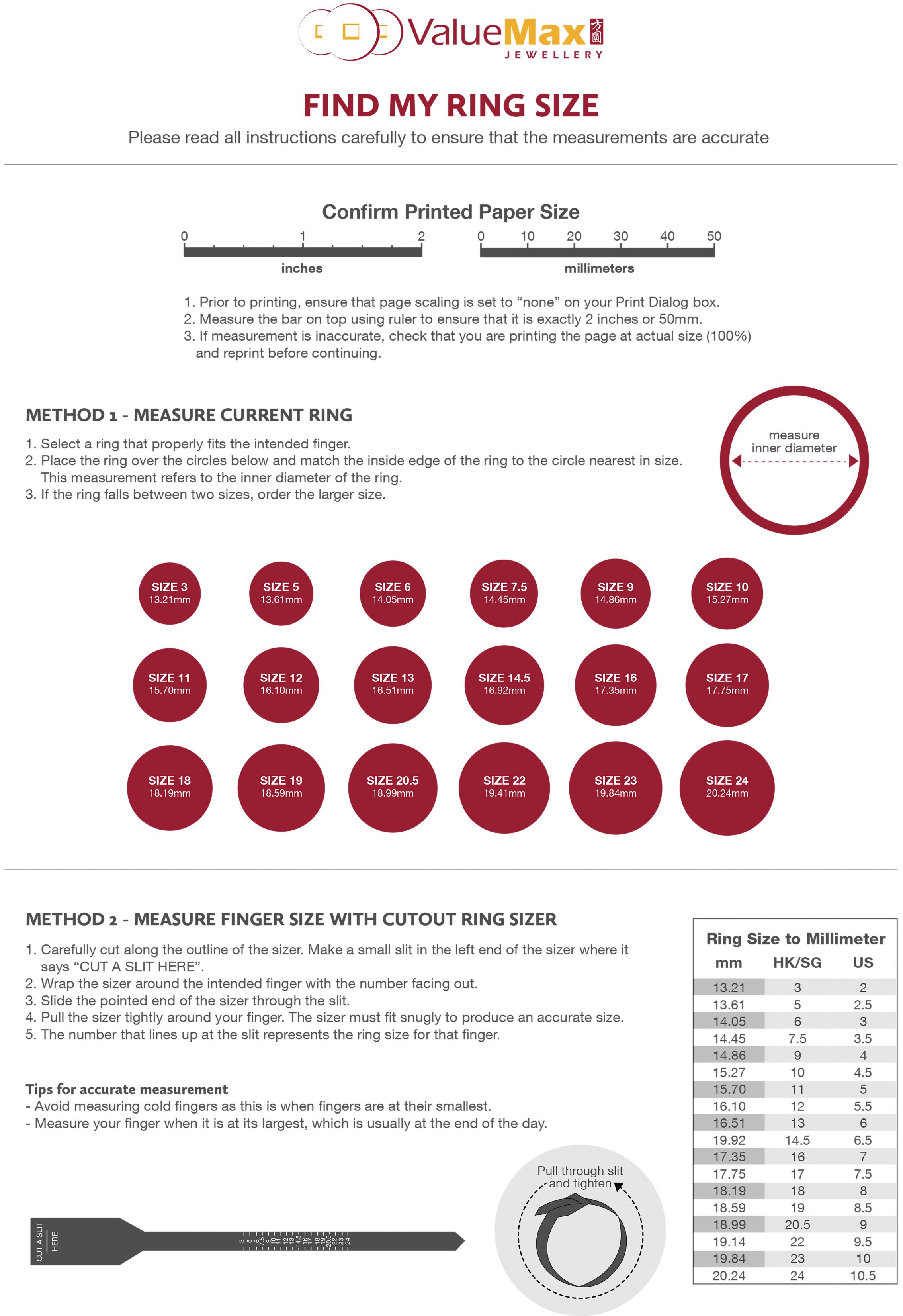 Jewellery Ring Size Chart