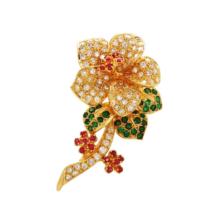 18K Yellow Gold Diamond Emerald/Ruby Brooch