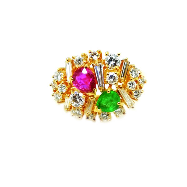 20K Yellow Gold Diamond Ruby & Emerald Ring