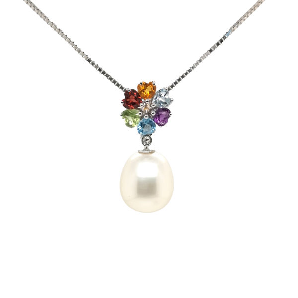 18K White Gold Pearl Mix Semi Precious Stones Pendant