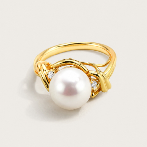 14K Yellow Gold Diamond Pearl Ring