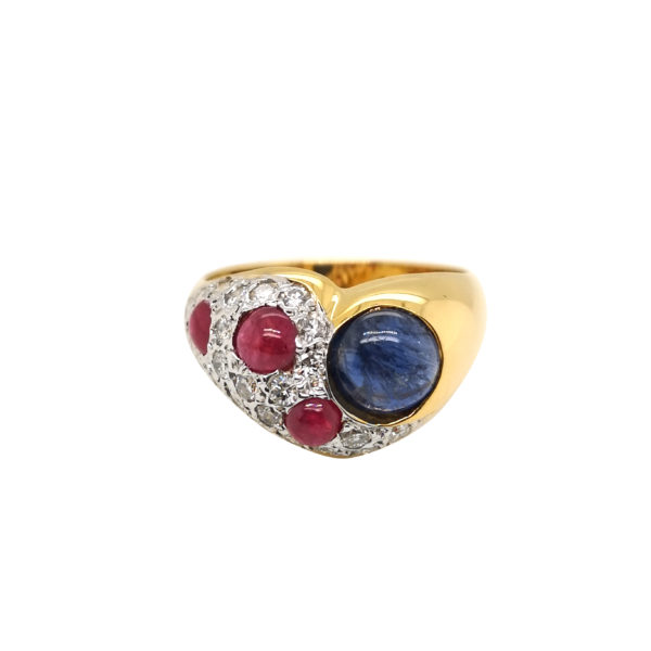 18K Yellow Gold Ruby/Blue Sapphire Diamond Ring