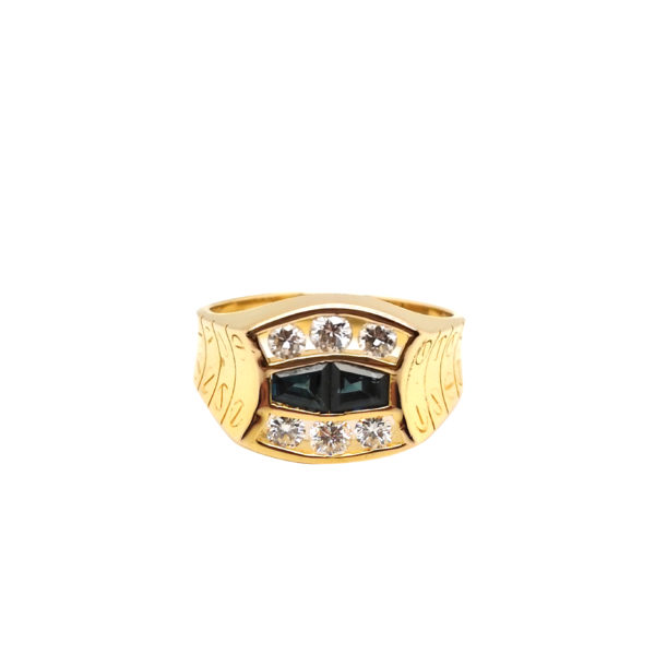 18K Yellow Gold Blue Sapphire Diamond Ring