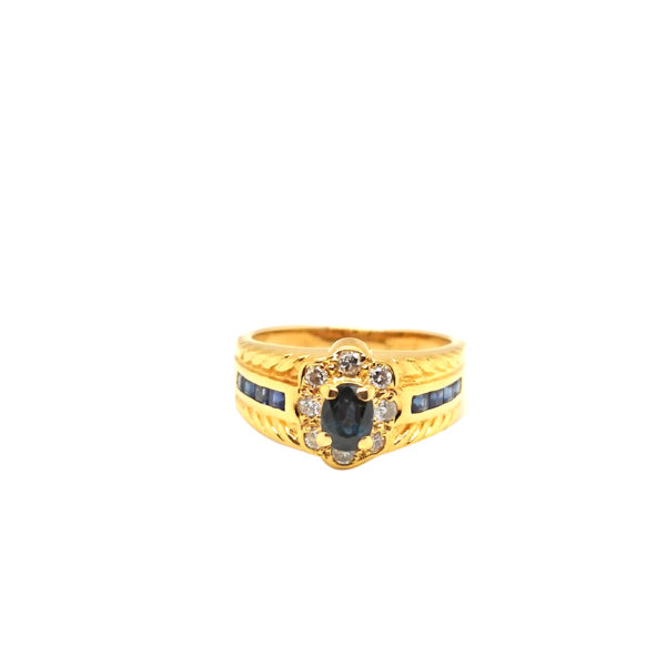 20K Yellow Gold Blue Sapphire Diamond Ring