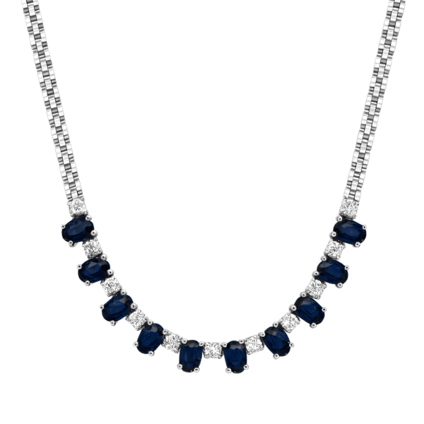 18K White Gold Diamond & Blue Sapphire Necklace