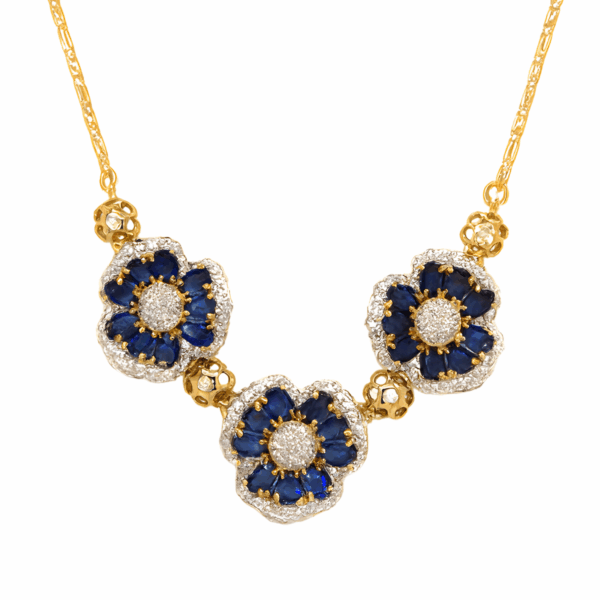 18K Yellow Gold Diamond & Blue Sapphire Necklace 2 Tone