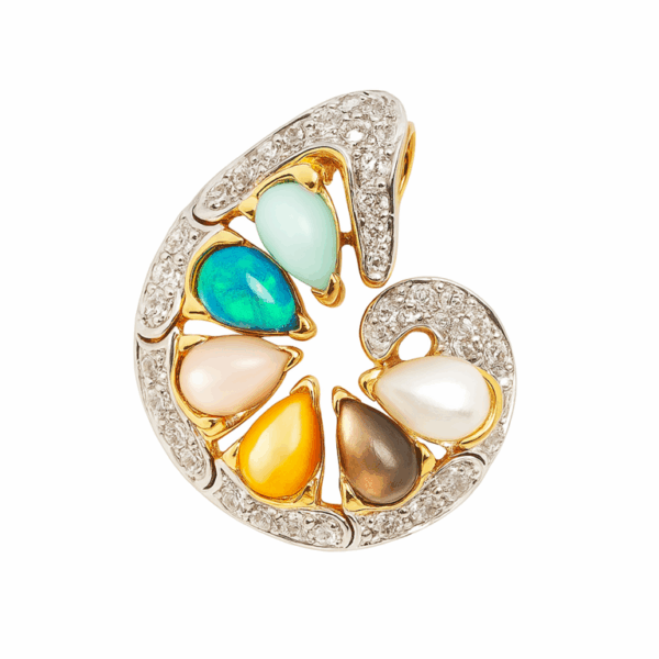14K Yellow Gold Diamond, Opal & Mop Detachable Pendant 2 Tone