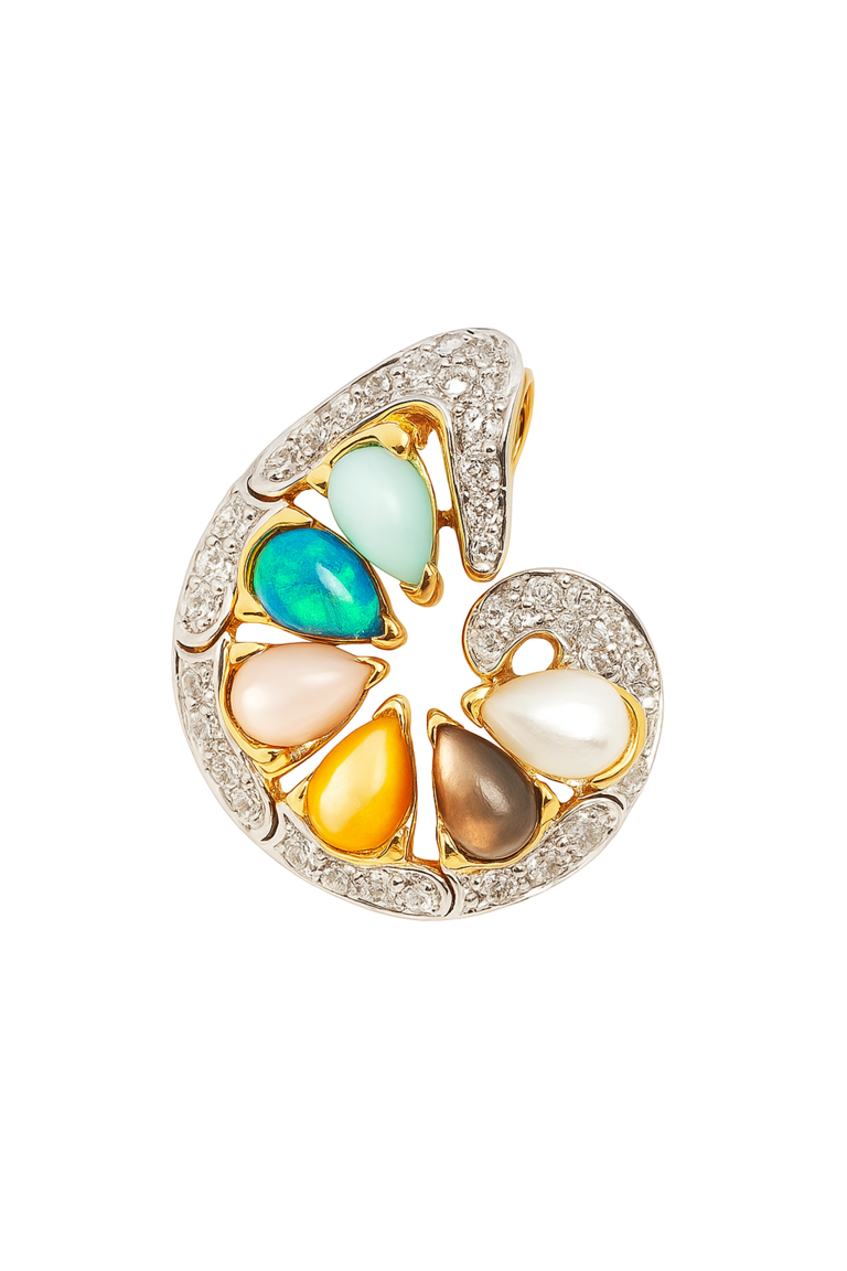 14K Yellow Gold Diamond, Opal & Mop Detachable Pendant 2 Tone