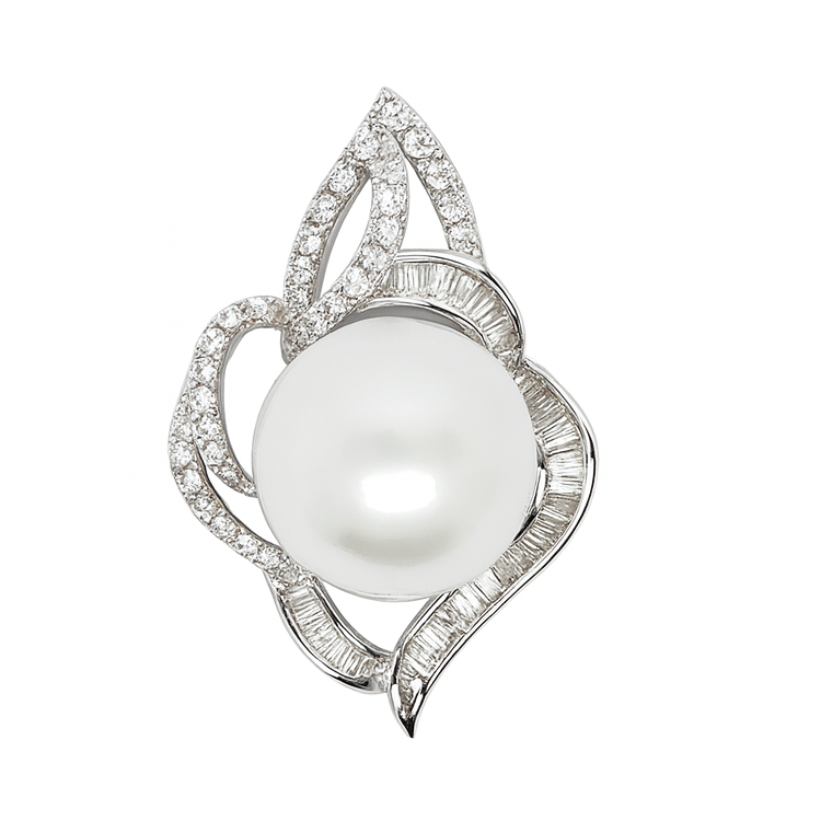18K White Gold Diamond & Pearl Pendant