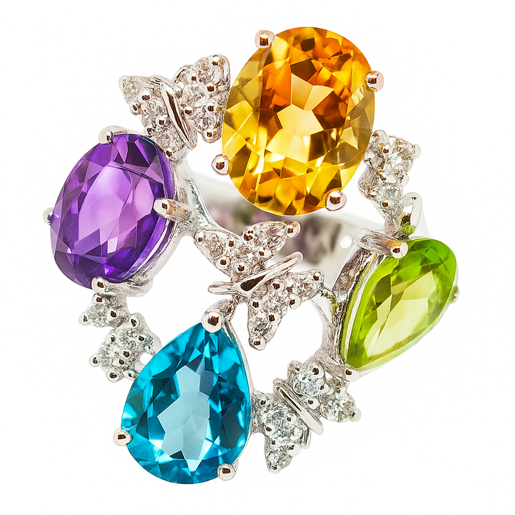 18K White Gold Diamond & Semi Preciou Stone Ring