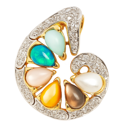 14K Yellow Gold Diamond, Opal & Mop Detachable Pendant 2 Tone