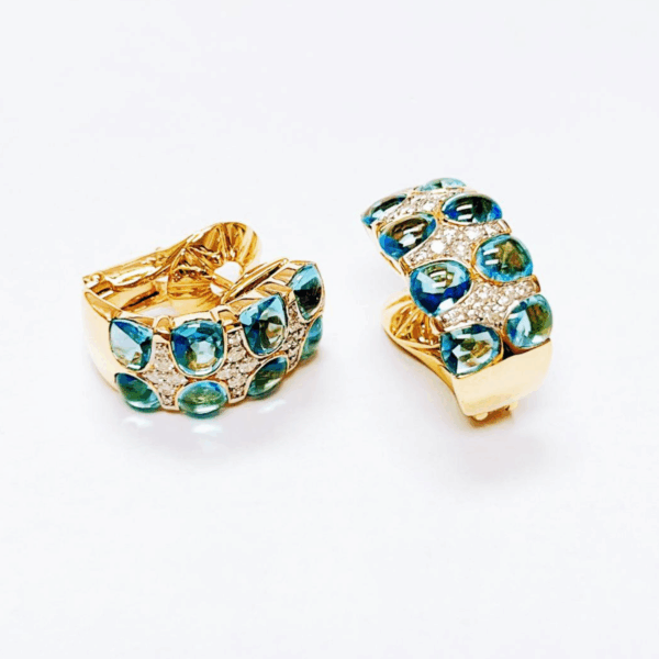 18K Yellow Gold Diamond & Blue Topaz Earring 2 Tone