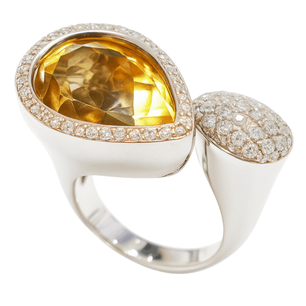 18K White Gold Diamond & Lemon Quartz Ring