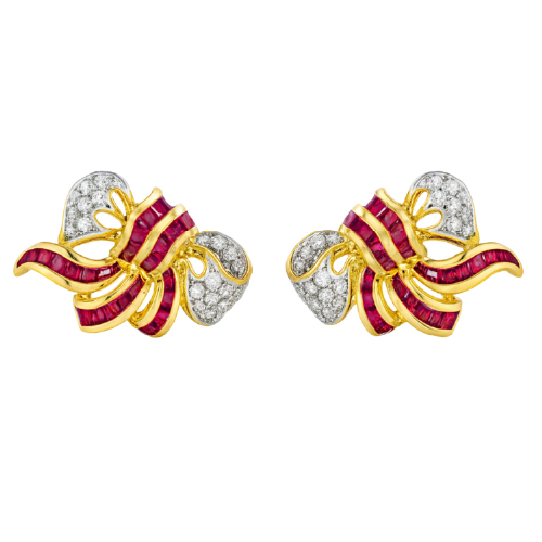 18K Yellow Gold Diamond & Ruby Earring 2 Tone