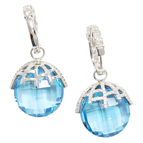 18K White Gold Diamond & Blue Topaz Dangling Detachable Earring