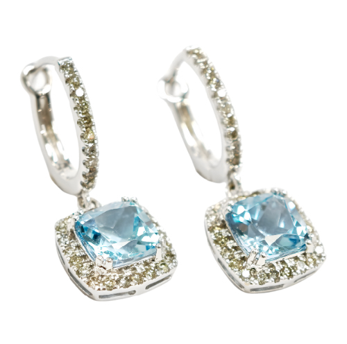 18K White Gold Diamond & Aquamarine Dangling Earring