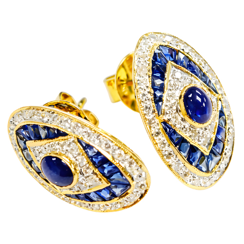 18K Yellow Gold Diamond & Blue Sapphire Earstud 2 Tone