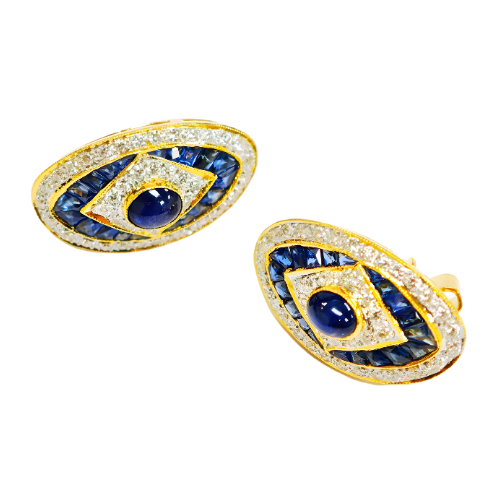 18K Yellow Gold Diamond & Blue Sapphire Earstud 2 Tone