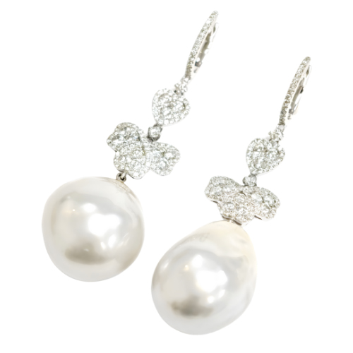 18K White Gold Diamond & Pearl Dangling Earring
