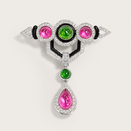 18K White Gold Diamond, Semi Precious Stone & Onyx Pendant/Brooch