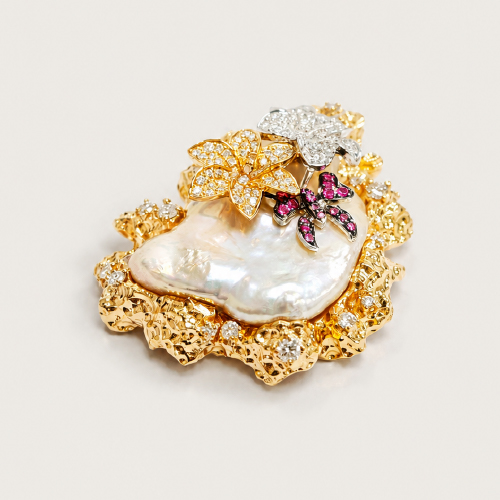 18K White/Rose Gold Diamond, Pink Sapphire & Mother of Pearl Pendant Black Rhodium