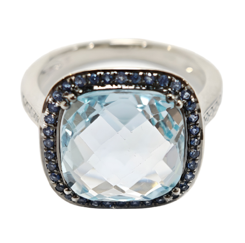 18K White Gold Diamond & Blue Sapphire/Aquamarine Ring Black Rhodium