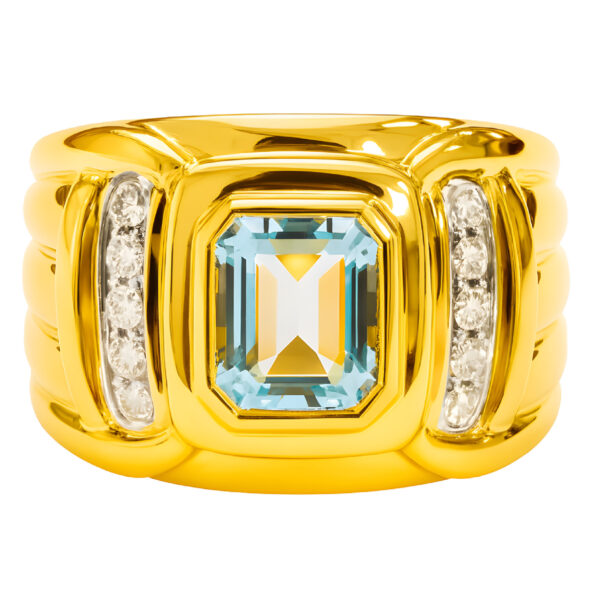 18K Yellow Gold Diamond & Aquamarine Ring 2 Tone