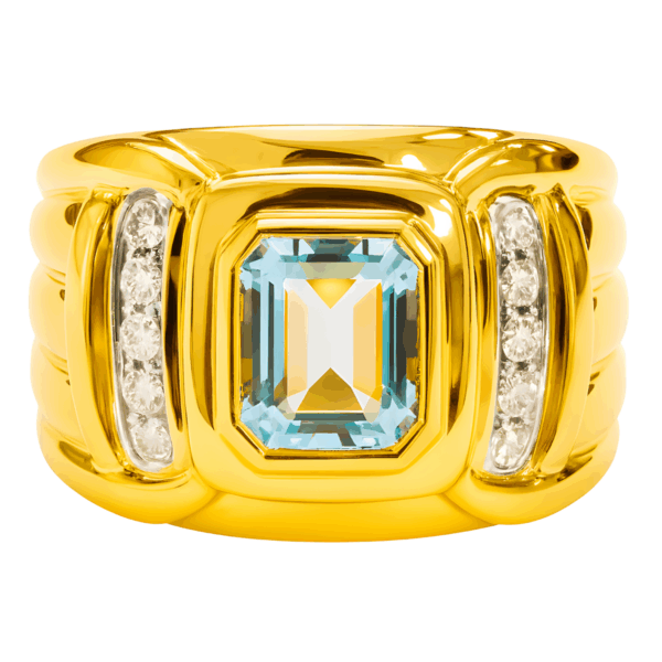 18K Yellow Gold Diamond & Aquamarine Ring 2 Tone