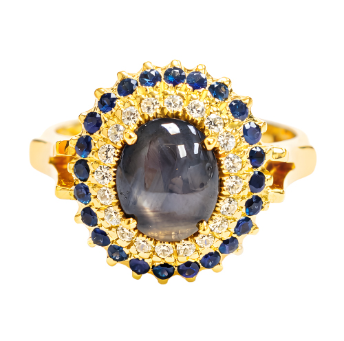 18K Yellow Gold Diamond & Blue Sapphire/Black Star Sapphire Ring