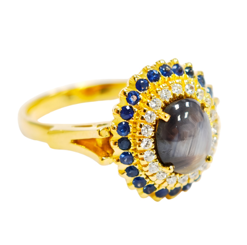 18K Yellow Gold Diamond & Blue Sapphire/Black Star Sapphire Ring