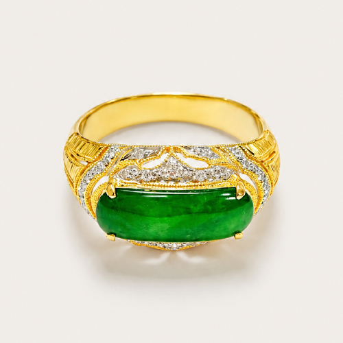18K Yellow Gold Diamond & Jade Ring 2 Tone