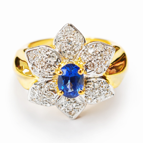850 Yellow Gold Diamond & Blue Sapphire Ring 2 Tone