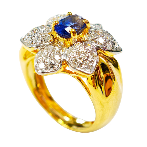 850 Yellow Gold Diamond & Blue Sapphire Ring 2 Tone