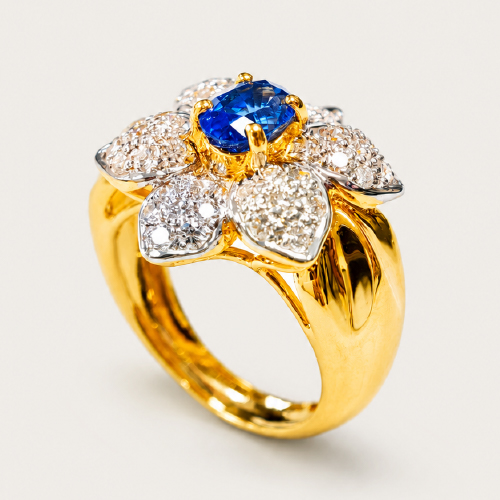 20K Yellow Gold Diamond & Blue Sapphire Ring 2 Tone