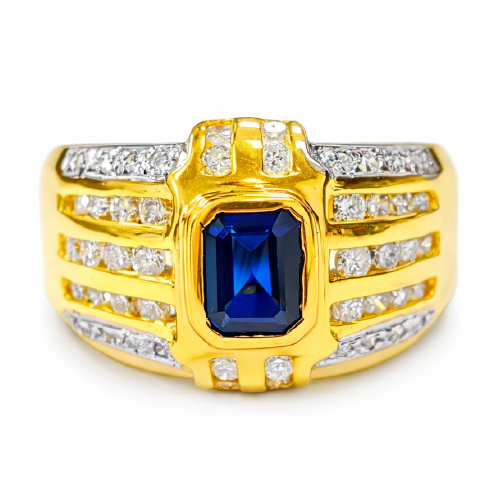 18K Yellow Gold Diamond & Blue Sapphire Ring