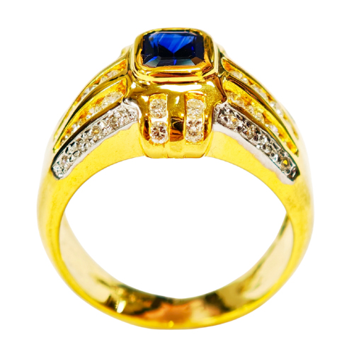 18K Yellow Gold Diamond & Blue Sapphire Ring