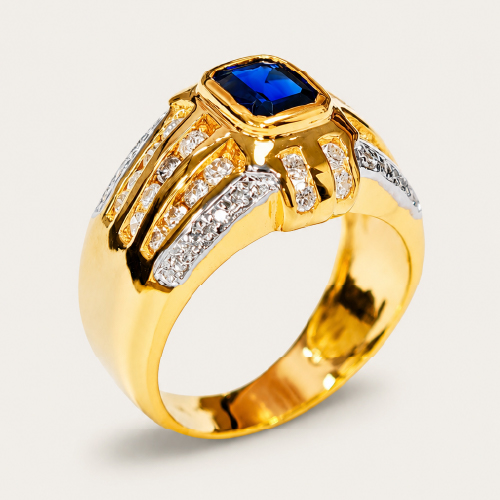 18K Yellow Gold Diamond & Blue Sapphire Ring