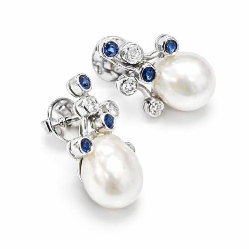 18K White Gold Diamond, Pearl & Blue Sapphire Earstud