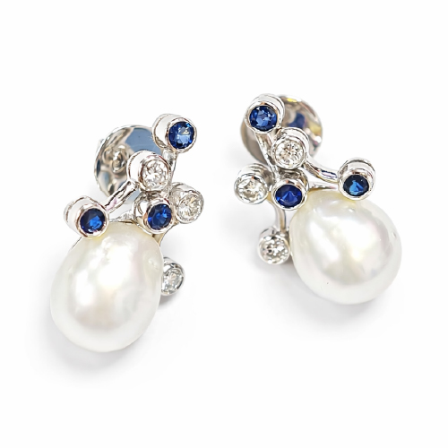 18K White Gold Diamond, Pearl & Blue Sapphire Earstud