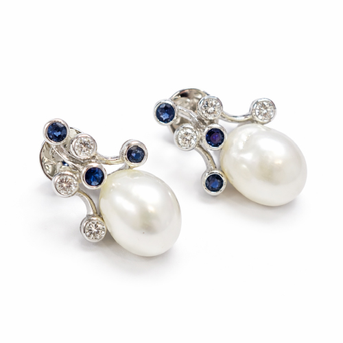 18K White Gold Diamond, Pearl & Blue Sapphire Earstud