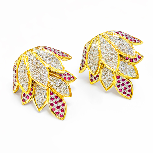 18K Yellow Gold Diamond & Ruby Earstud Two Tone