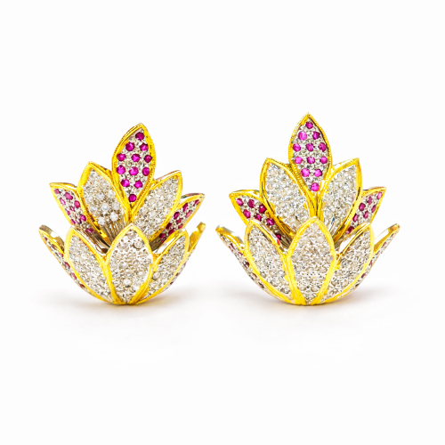 18K Yellow Gold Diamond & Ruby Earstud Two Tone