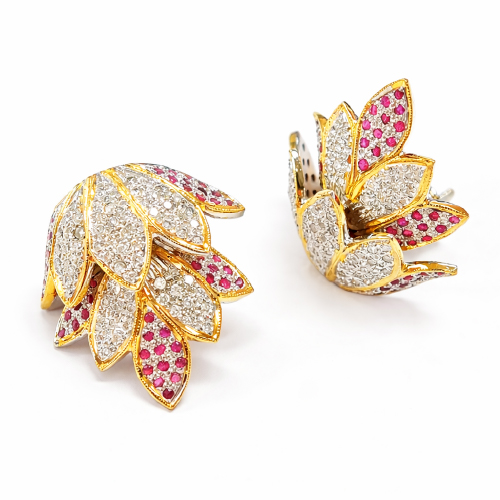 18K Yellow Gold Diamond & Ruby Earstud Two Tone