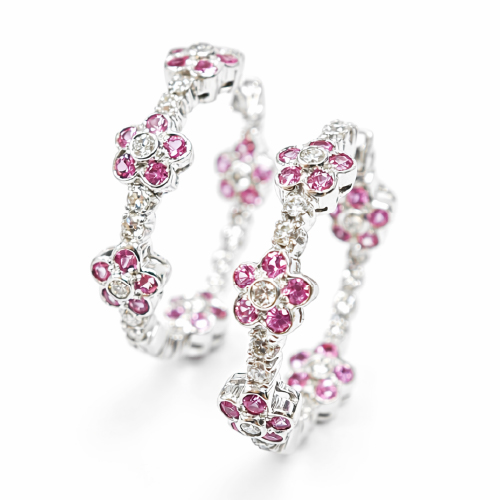 18K White Gold Diamond & Pink Sapphire Loop Earring