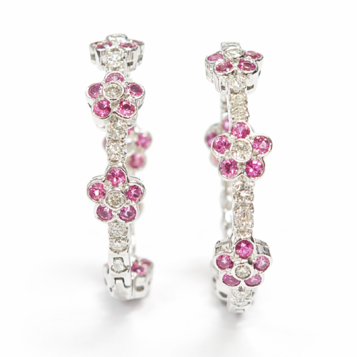 18K White Gold Diamond & Pink Sapphire Loop Earring