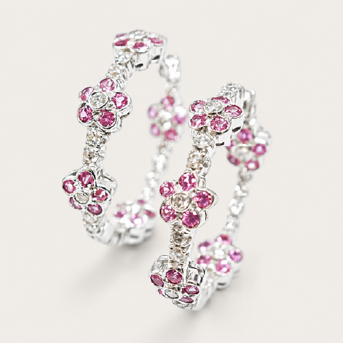 18K White Gold Diamond & Pink Sapphire Loop Earring