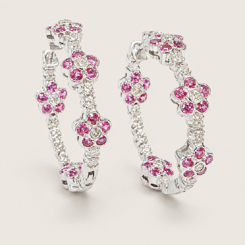 18K White Gold Diamond & Pink Sapphire Loop Earring