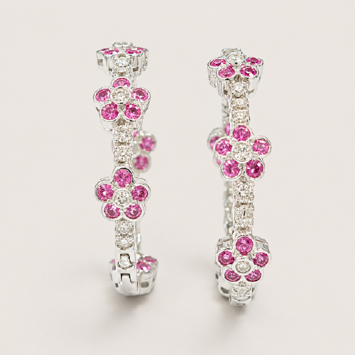 18K White Gold Diamond & Pink Sapphire Loop Earring