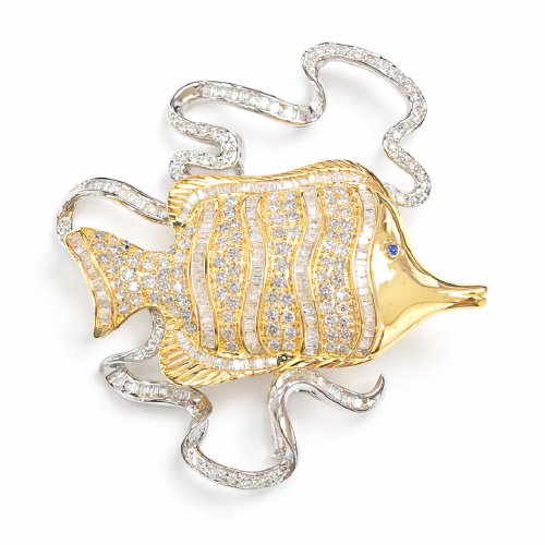 18K White/Yellow Gold Diamond & Blue Sapphire Pendant/Brooch