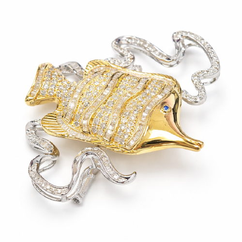 18K White/Yellow Gold Diamond & Blue Sapphire Pendant/Brooch